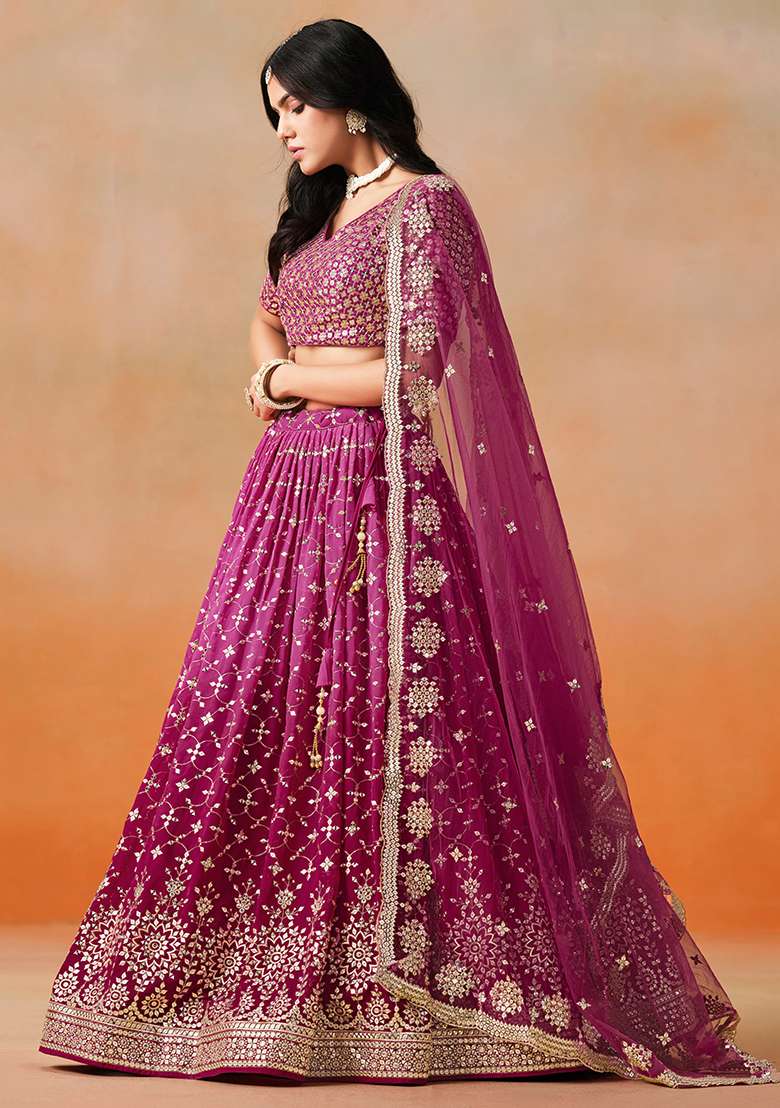 Red Pink Georgette Lehenga Set with Embroidery for Diwali | Wedding & Festive Wear - Indya
