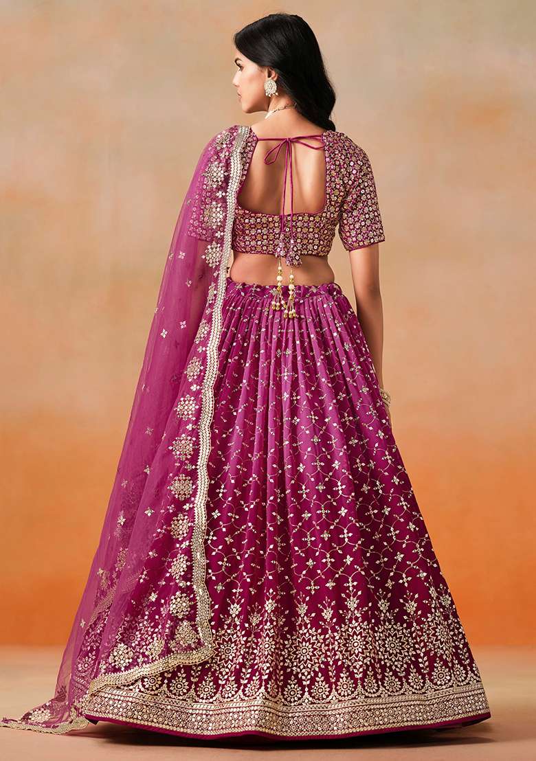 Red Pink Georgette Lehenga Set with Embroidery for Diwali | Wedding & Festive Wear - Indya