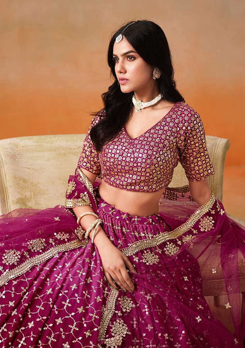 Red Pink Georgette Lehenga Set with Embroidery for Diwali | Wedding & Festive Wear - Indya