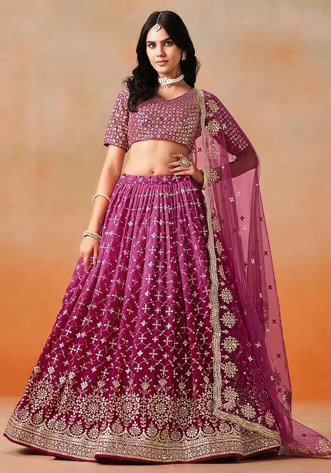 Red Pink Embroidery Georgette Lehenga Set