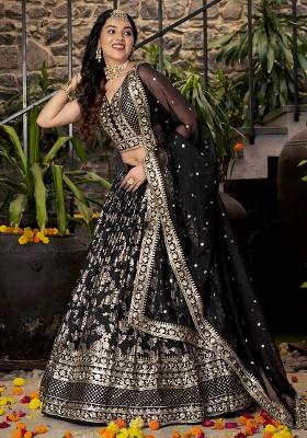 Black Embroidery Jacquard Lehenga Set