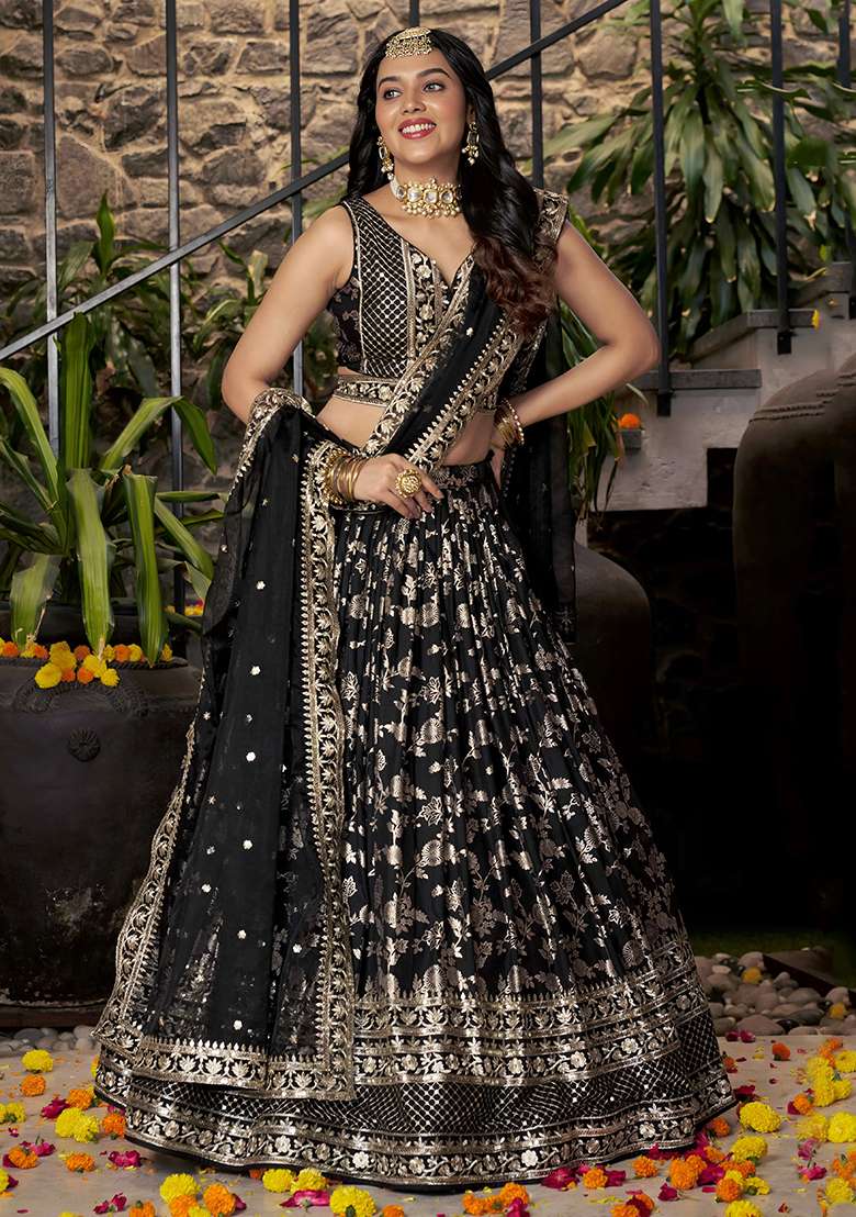 Black Jacquard Lehenga Set with Embroidery for Diwali | Wedding & Festive Wear - Indya