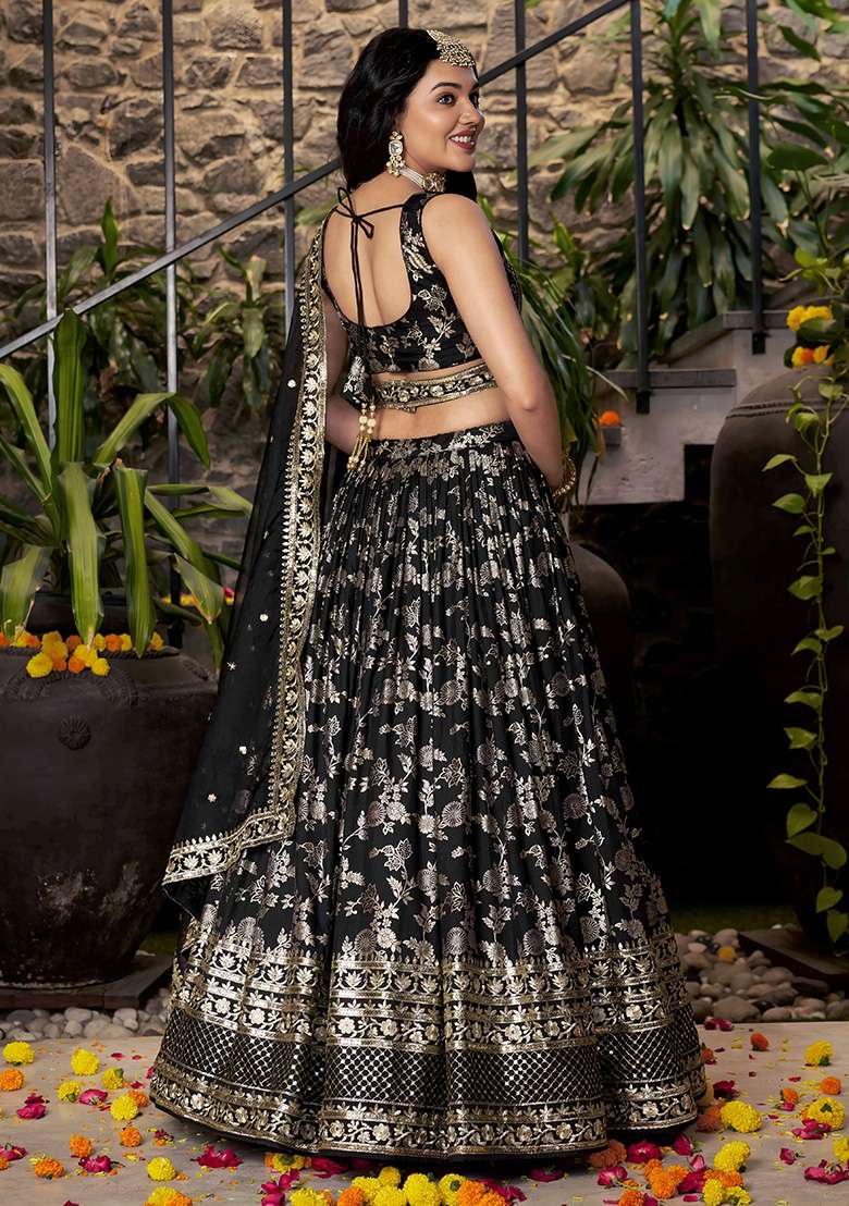 Black Jacquard Lehenga Set with Embroidery for Diwali | Wedding & Festive Wear - Indya