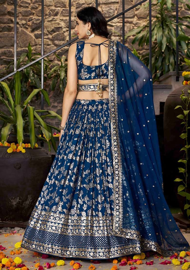 Dove Blue Embroidery Jacquard Lehenga Set for Diwali and Festive Wear - Indya