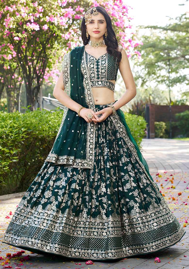 Green Jacquard Lehenga Set with Embroidery for Diwali | Wedding & Festive Wear - Indya