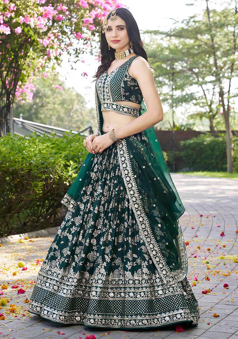 Green Jacquard Lehenga Set with Embroidery for Diwali | Wedding & Festive Wear - Indya