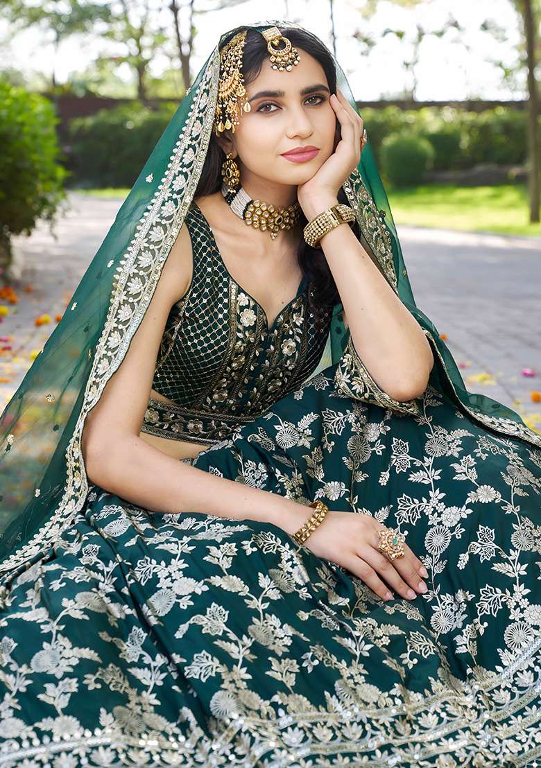 Green Jacquard Lehenga Set with Embroidery for Diwali | Wedding & Festive Wear - Indya