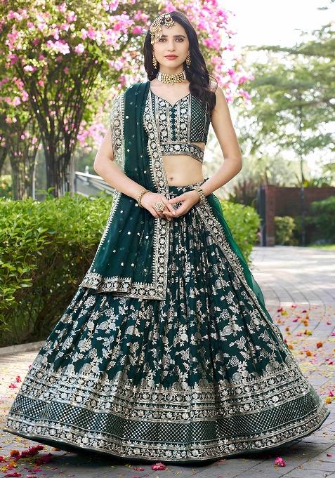 Green Embroidery Jacquard Lehenga Set