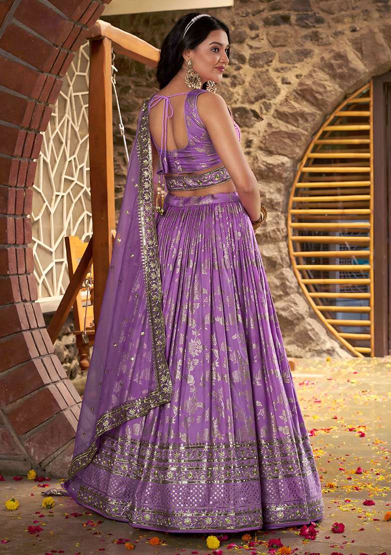 Lavender Jacquard Lehenga Set with Embroidery for Diwali | Wedding & Festive Wear - Indya