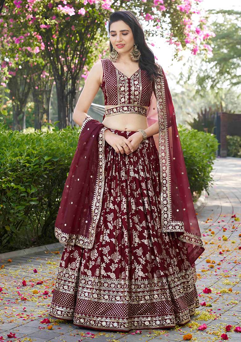 Maroon Embroidery Jacquard Lehenga Set for Diwali and Festive Wear - Indya
