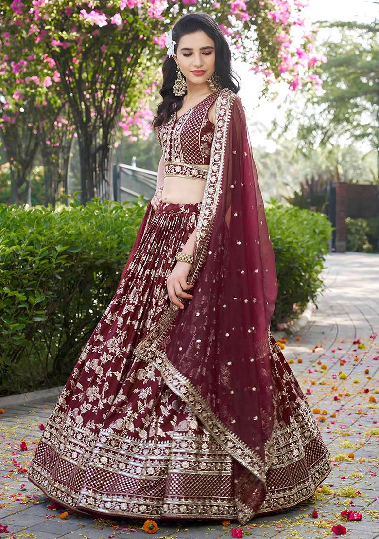 Maroon Embroidery Jacquard Lehenga Set for Diwali and Festive Wear - Indya