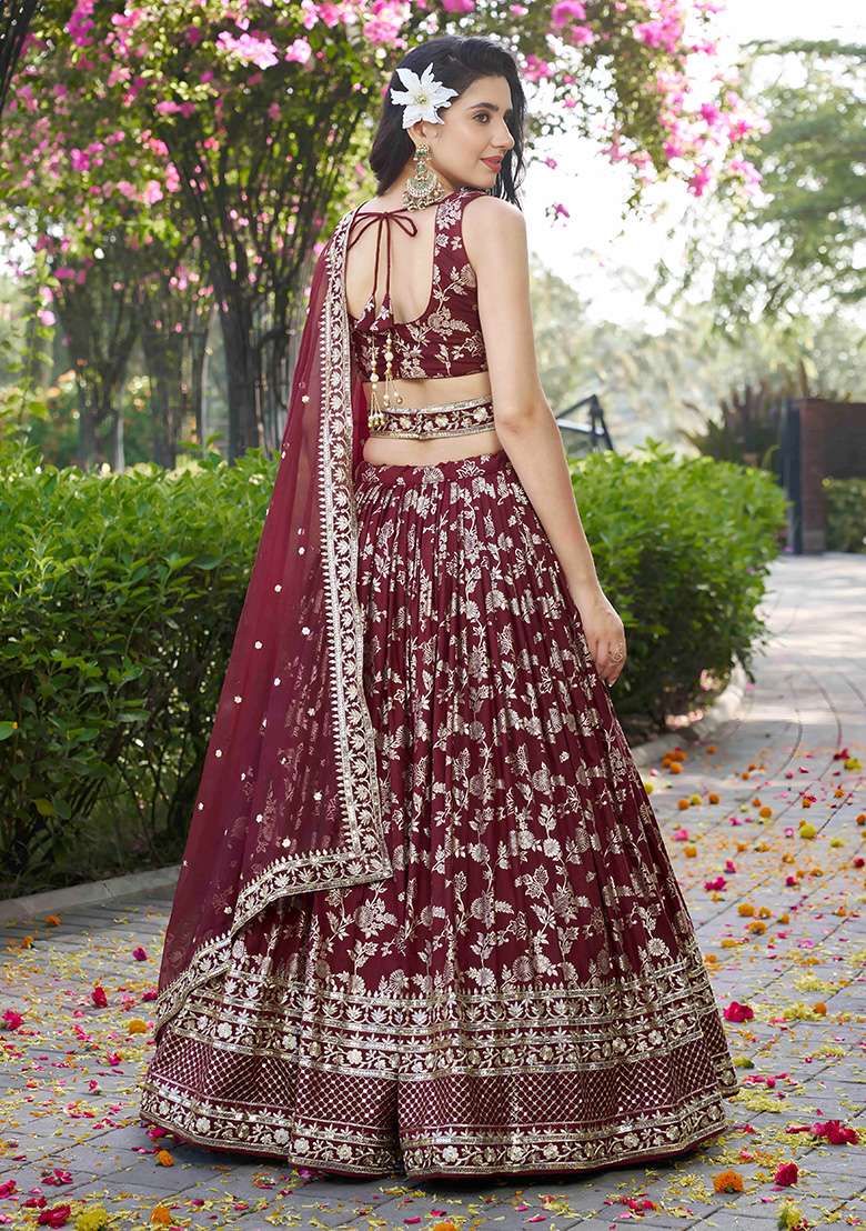 Maroon Embroidery Jacquard Lehenga Set for Diwali and Festive Wear - Indya