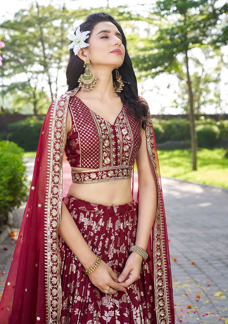 Maroon Embroidery Jacquard Lehenga Set for Diwali and Festive Wear - Indya