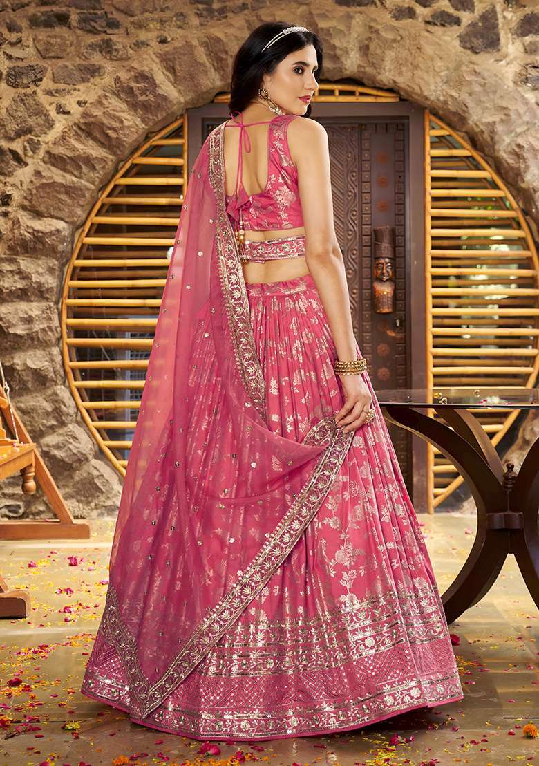 Peach Embroidery Jacquard Lehenga Set for Diwali and Festive Wear - Indya