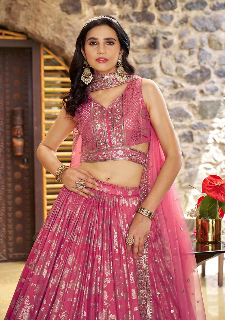 Peach Embroidery Jacquard Lehenga Set for Diwali and Festive Wear - Indya