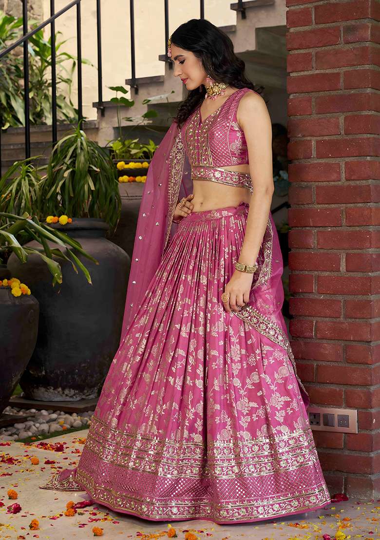 Pink Jacquard Lehenga Set with Embroidery for Diwali | Wedding & Festive Wear - Indya