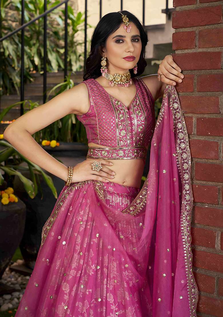 Pink Jacquard Lehenga Set with Embroidery for Diwali | Wedding & Festive Wear - Indya