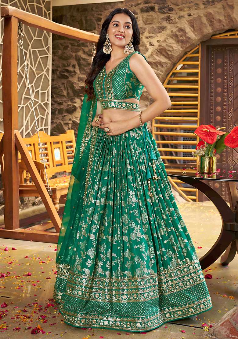 Rama Green Jacquard Lehenga Set with Embroidery for Diwali | Wedding & Festive Wear - Indya