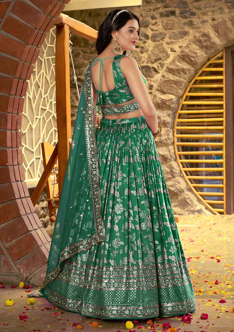 Rama Green Jacquard Lehenga Set with Embroidery for Diwali | Wedding & Festive Wear - Indya