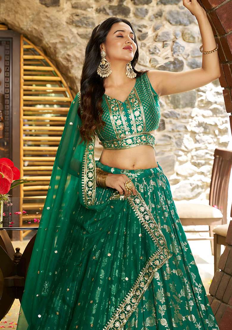Rama Green Jacquard Lehenga Set with Embroidery for Diwali | Wedding & Festive Wear - Indya