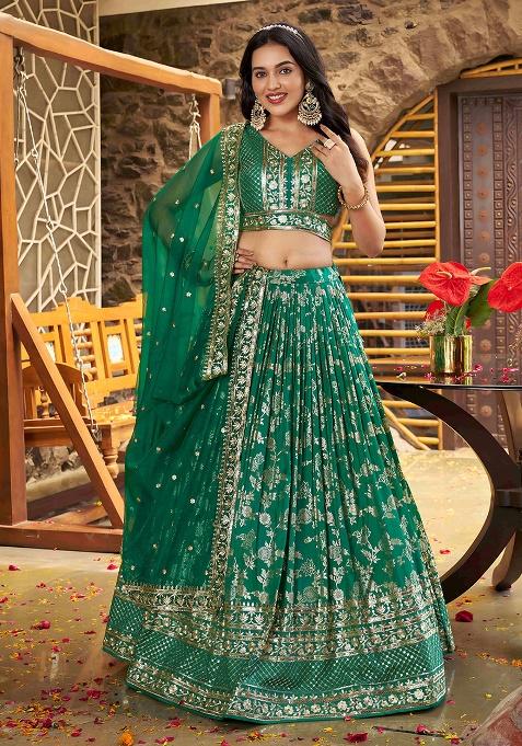 Rama Green Embroidery Jacquard Lehenga Set