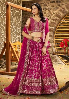 Rani Pink Embroidery Jacquard Lehenga Set