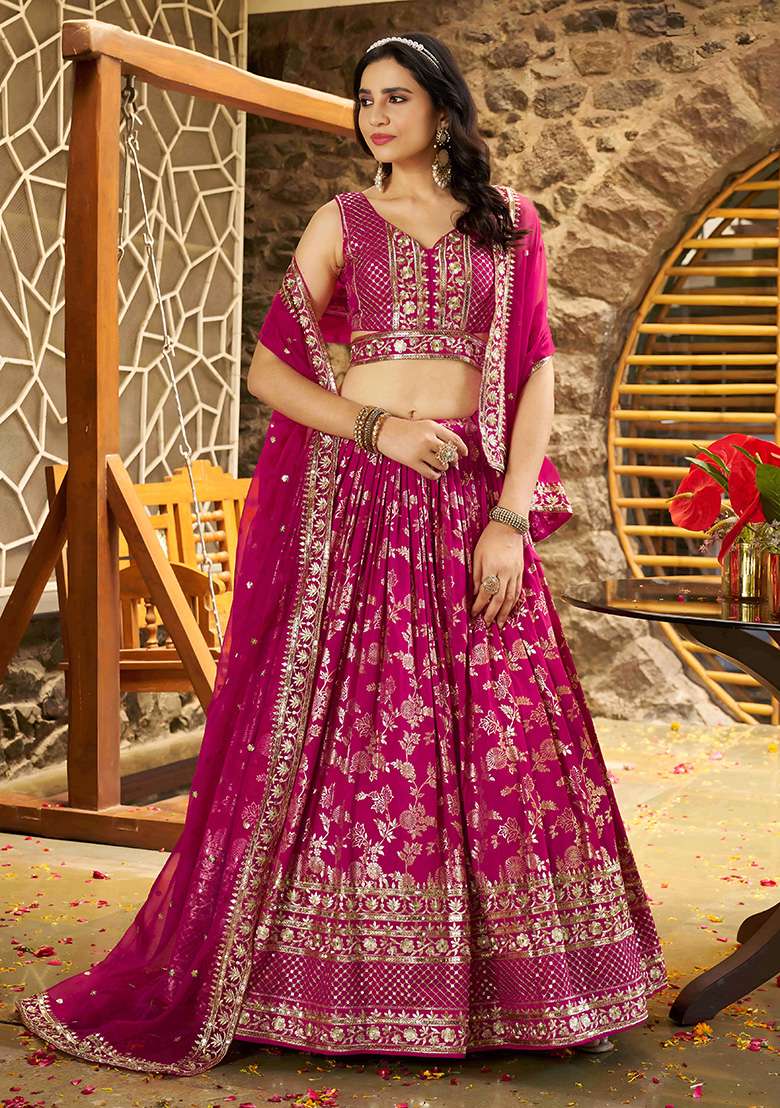 Rani Pink Embroidery Jacquard Lehenga Set for Diwali and Festive Wear - Indya