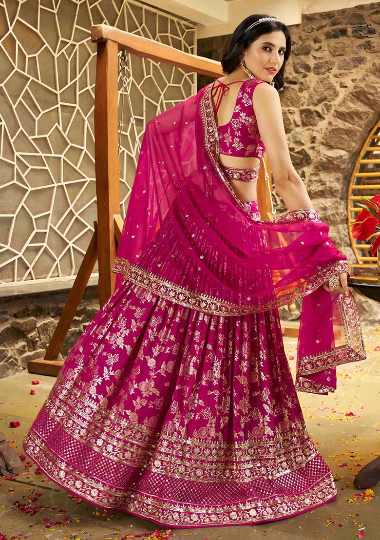 Rani Pink Embroidery Jacquard Lehenga Set for Diwali and Festive Wear - Indya