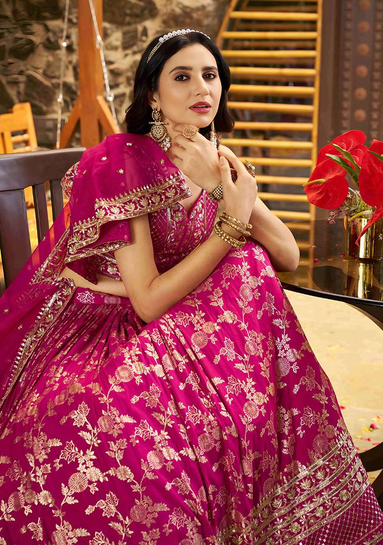Rani Pink Embroidery Jacquard Lehenga Set for Diwali and Festive Wear - Indya