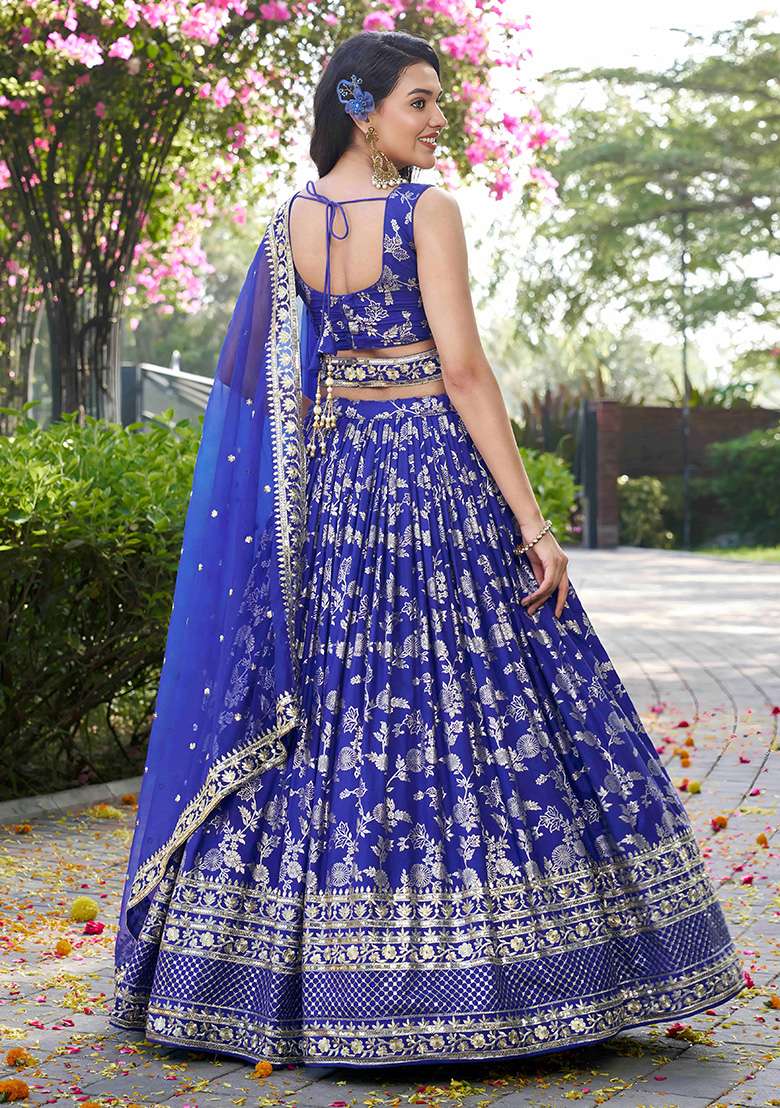 Royal Blue Embroidery Jacquard Lehenga Set for Diwali and Festive Wear - Indya