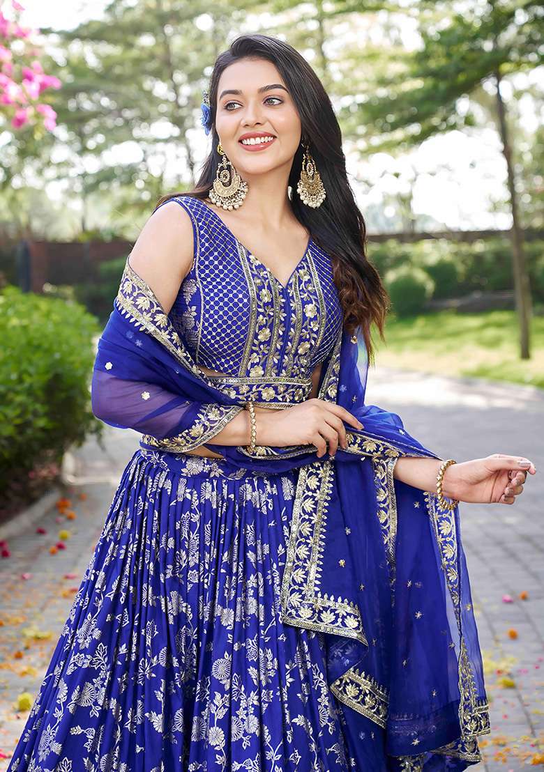 Royal Blue Embroidery Jacquard Lehenga Set for Diwali and Festive Wear - Indya