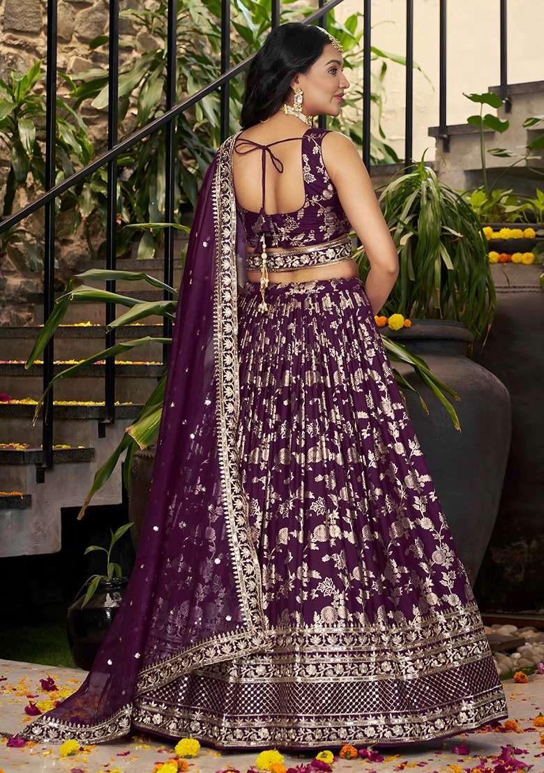 Wine Jacquard Lehenga Set with Embroidery for Diwali | Wedding & Festive Wear - Indya