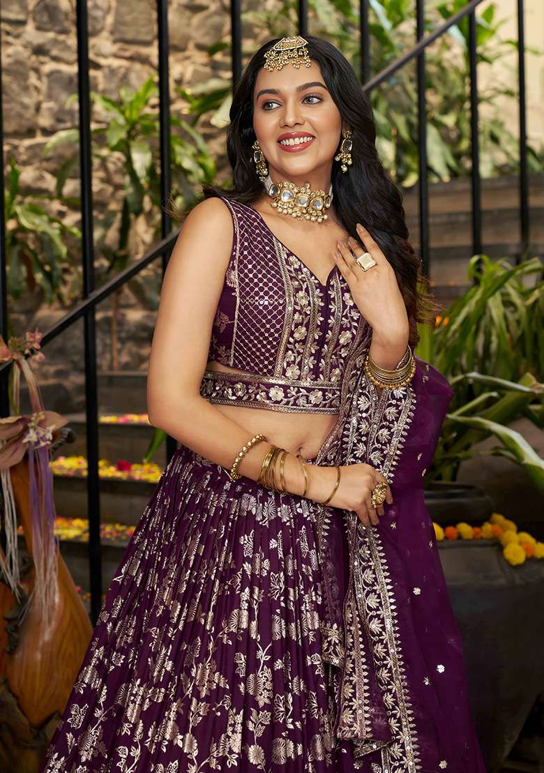 Wine Jacquard Lehenga Set with Embroidery for Diwali | Wedding & Festive Wear - Indya