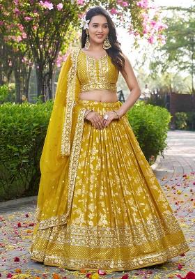 Yellow Embroidery Jacquard Lehenga Set