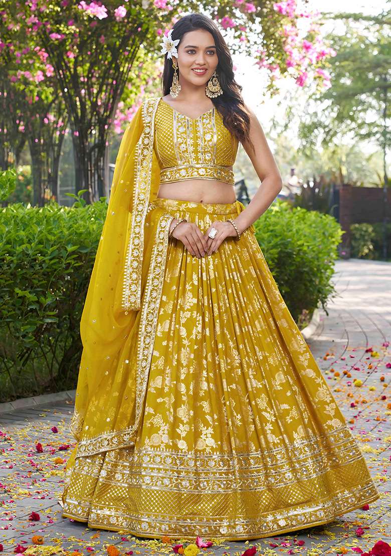 Yellow Embroidery Jacquard Lehenga Set for Diwali and Festive Wear - Indya