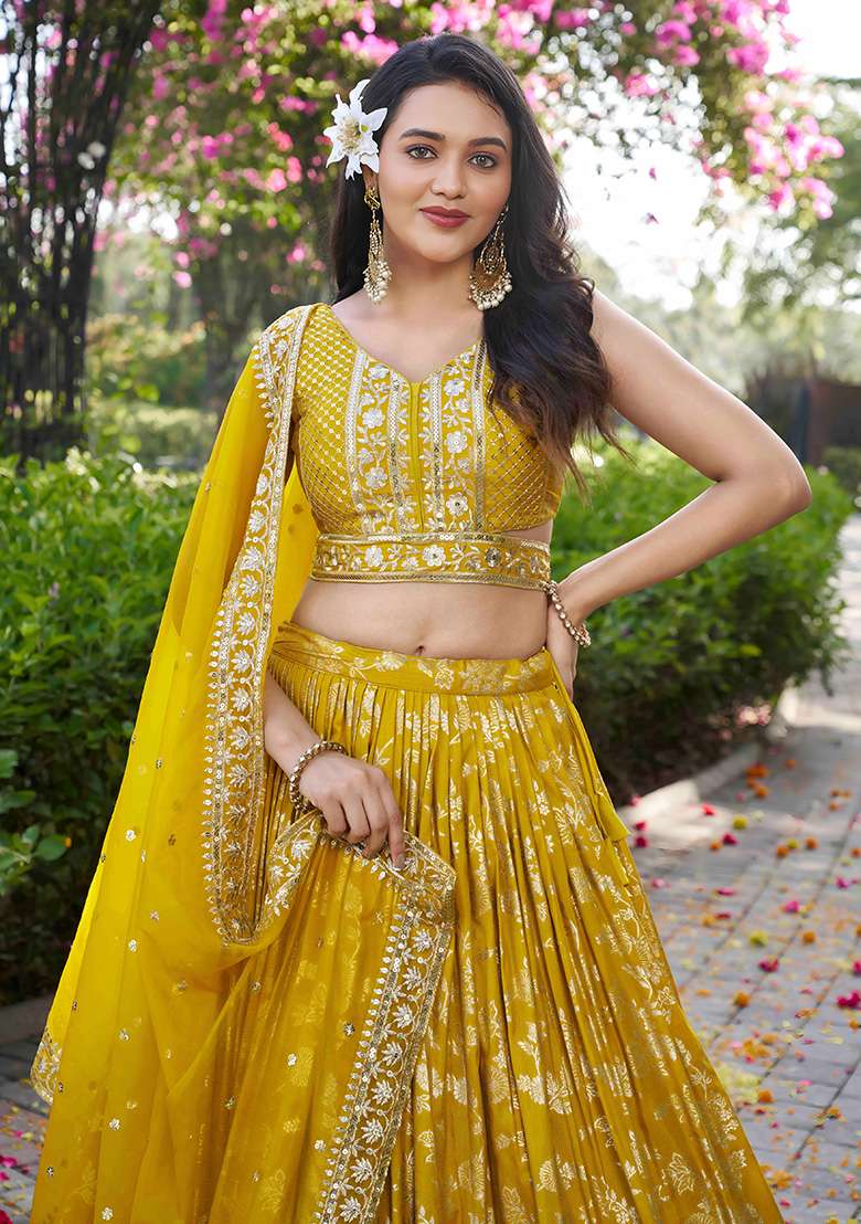 Yellow Embroidery Jacquard Lehenga Set for Diwali and Festive Wear - Indya
