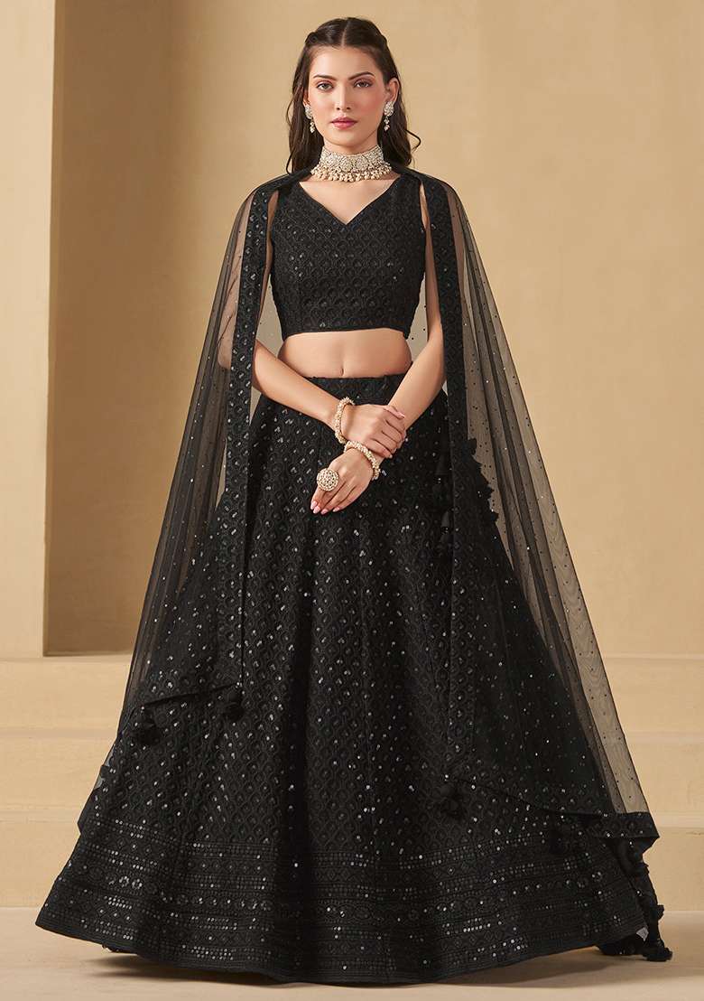 Black Georgette Lehenga Set with Embroidery for Diwali | Wedding & Festive Wear - Indya