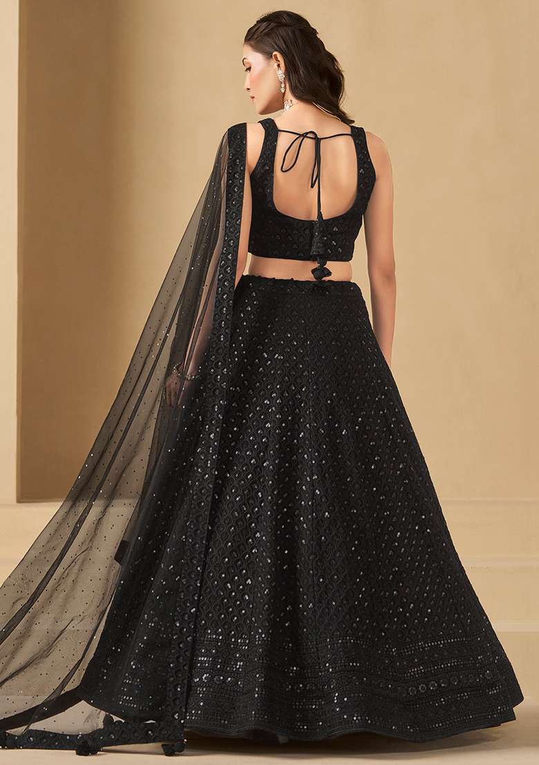 Black Georgette Lehenga Set with Embroidery for Diwali | Wedding & Festive Wear - Indya