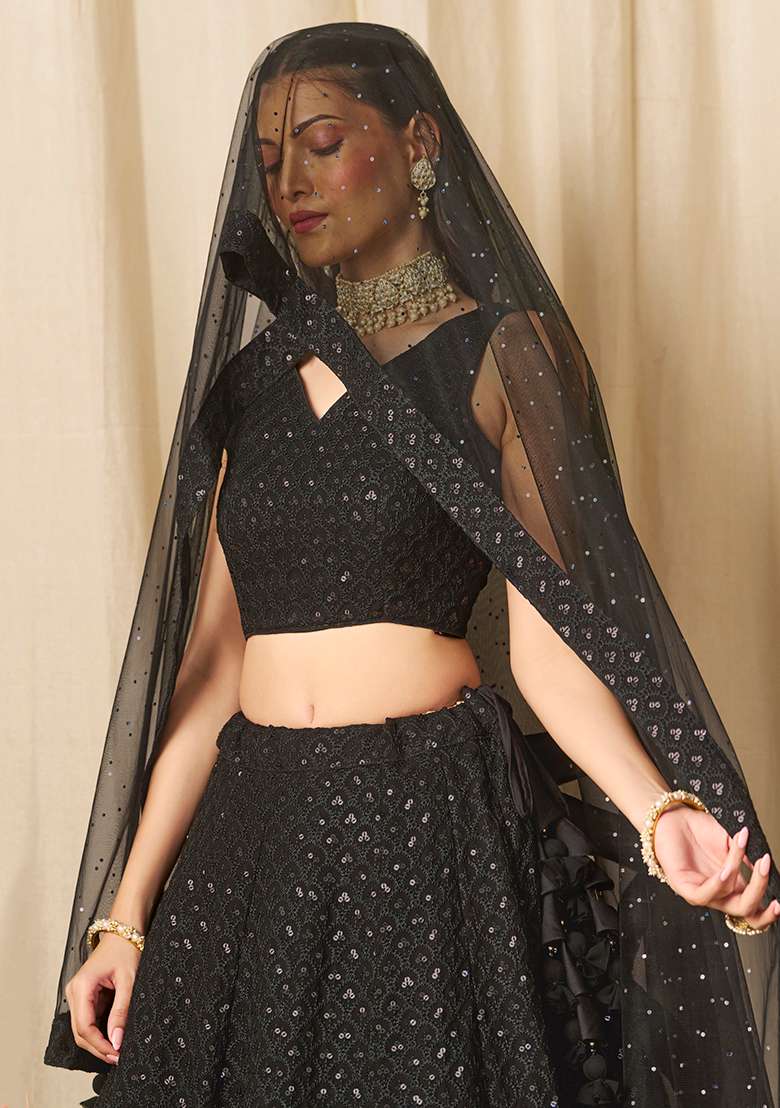 Black Georgette Lehenga Set with Embroidery for Diwali | Wedding & Festive Wear - Indya