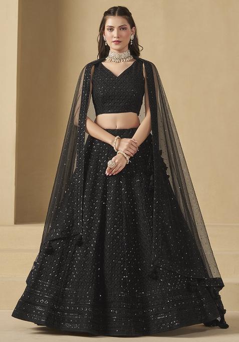 Black Embroidery Georgette Lehenga Set