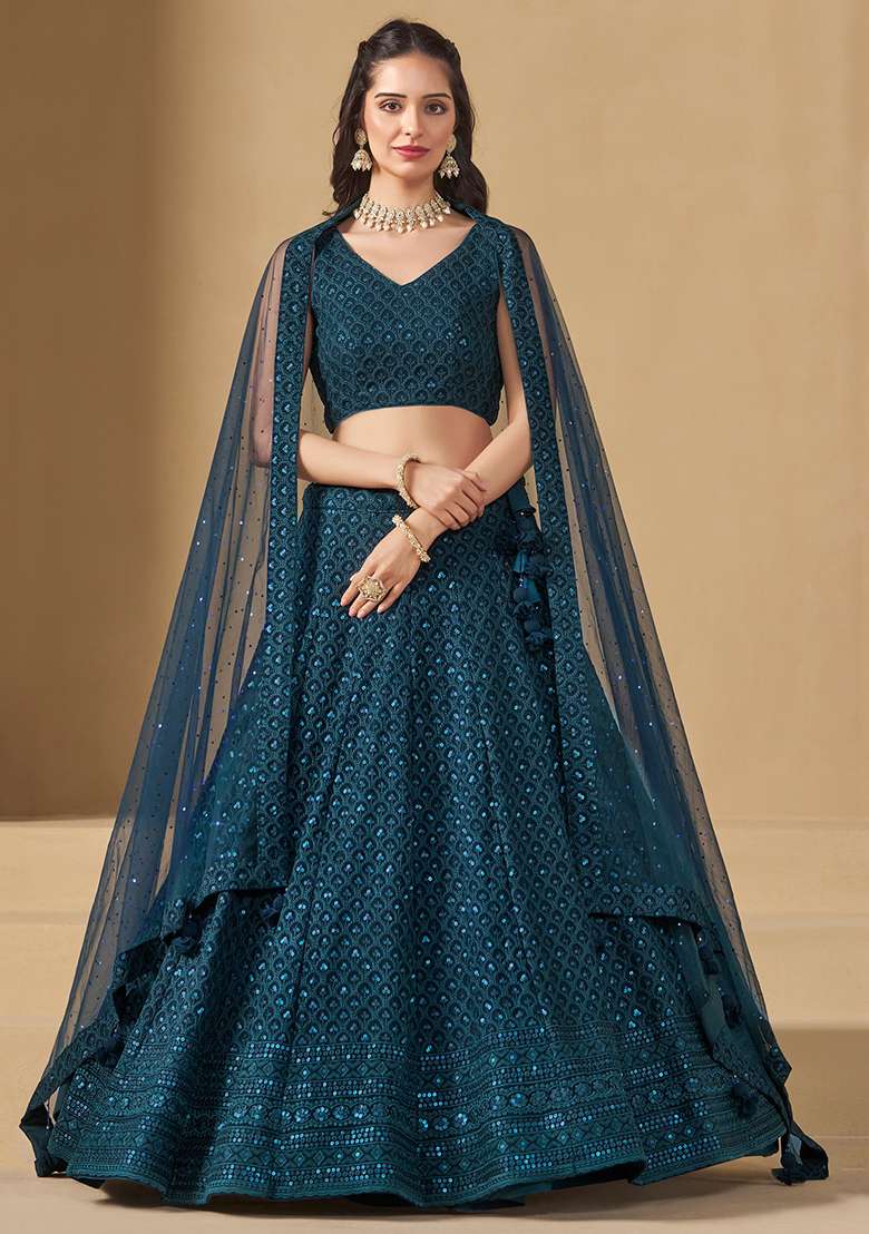 Blue Embroidery Georgette Lehenga Set for Diwali and Festive Wear - Indya