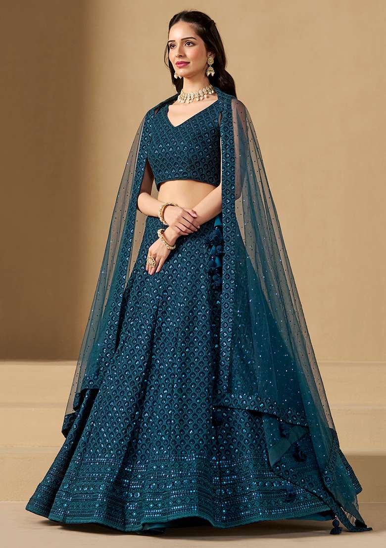 Blue Embroidery Georgette Lehenga Set for Diwali and Festive Wear - Indya