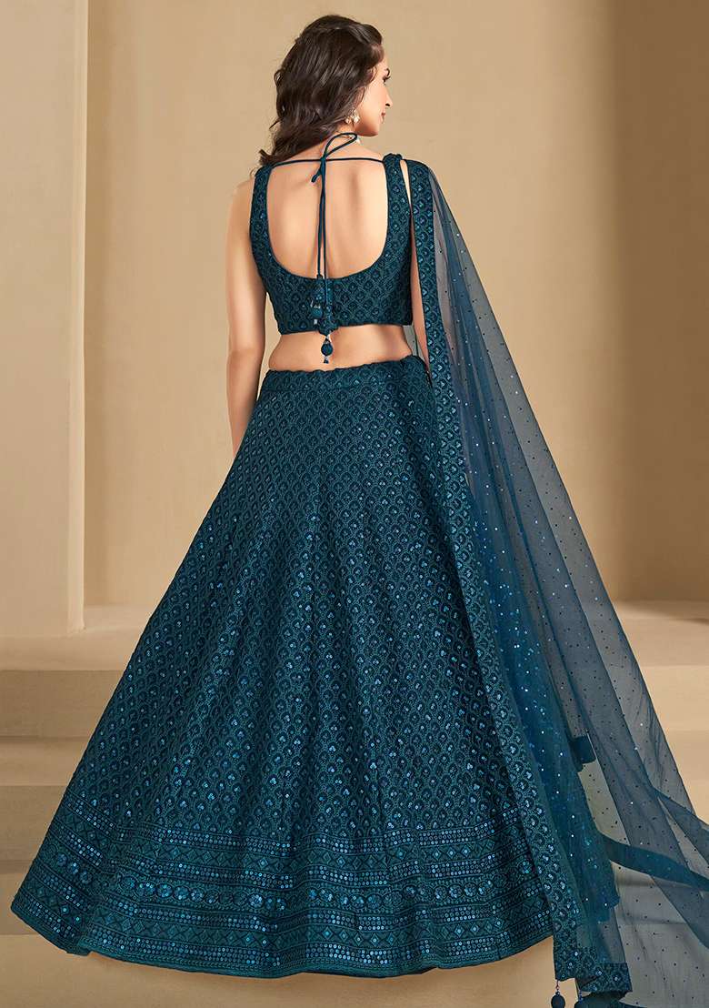Blue Embroidery Georgette Lehenga Set for Diwali and Festive Wear - Indya
