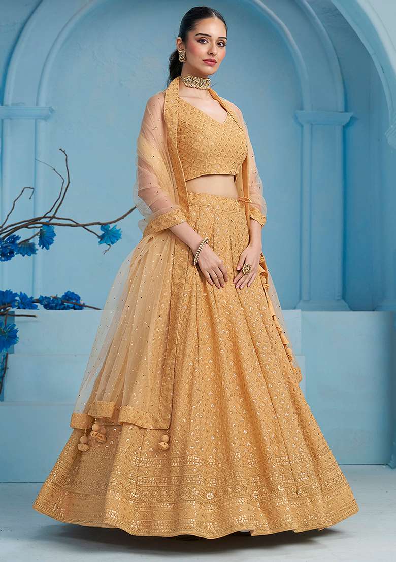Beige Georgette Lehenga Set with Embroidery for Diwali | Wedding & Festive Wear - Indya