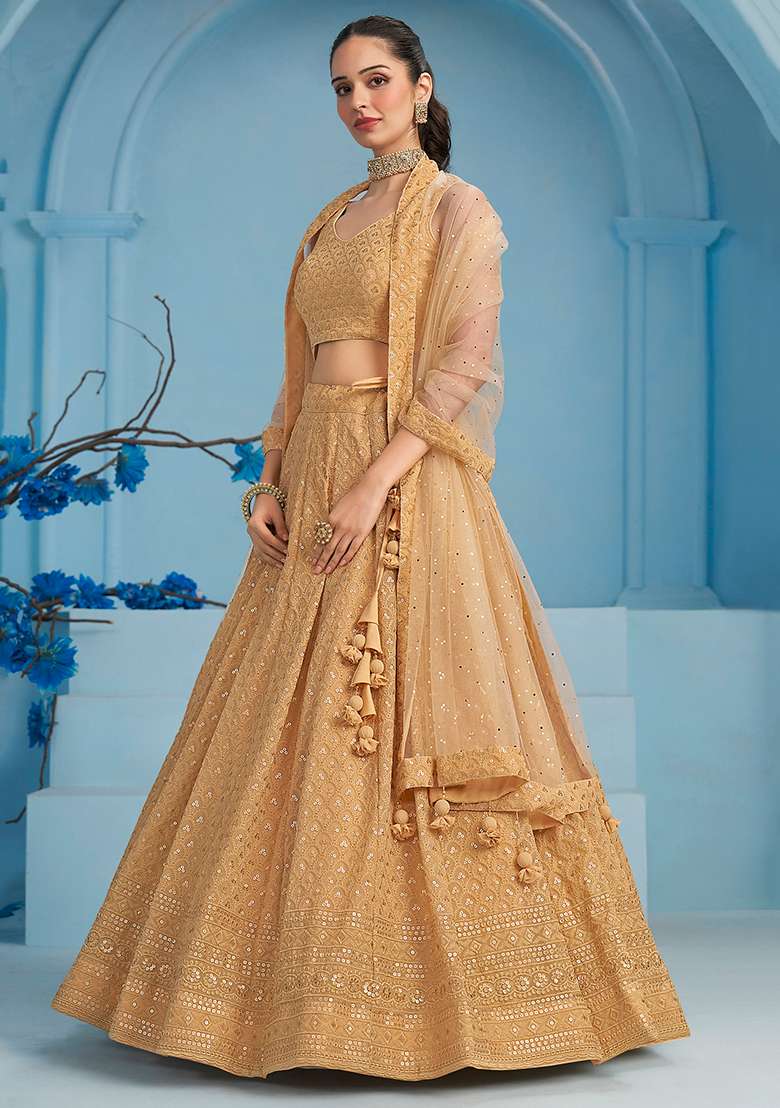 Beige Georgette Lehenga Set with Embroidery for Diwali | Wedding & Festive Wear - Indya
