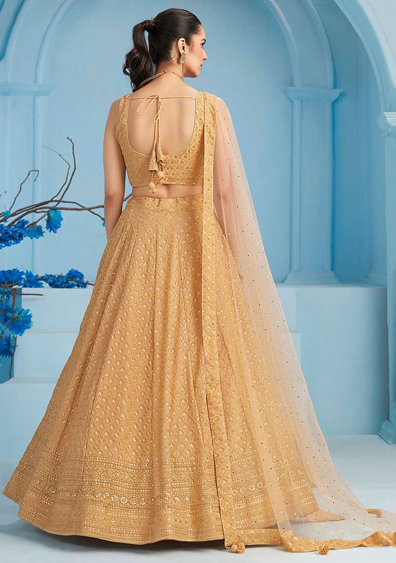 Beige Georgette Lehenga Set with Embroidery for Diwali | Wedding & Festive Wear - Indya