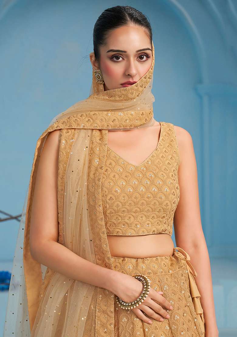 Beige Georgette Lehenga Set with Embroidery for Diwali | Wedding & Festive Wear - Indya