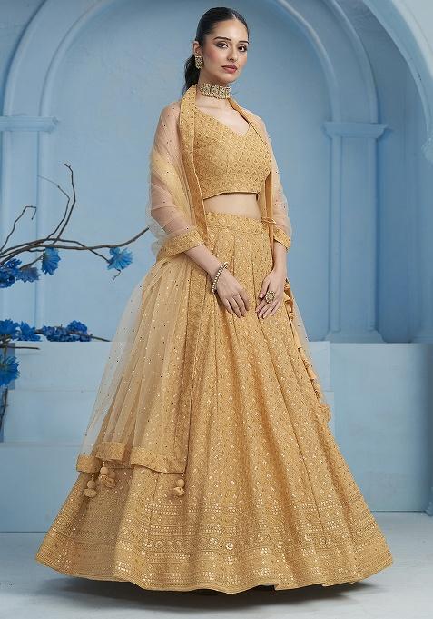 Beige Embroidery Georgette Lehenga Set
