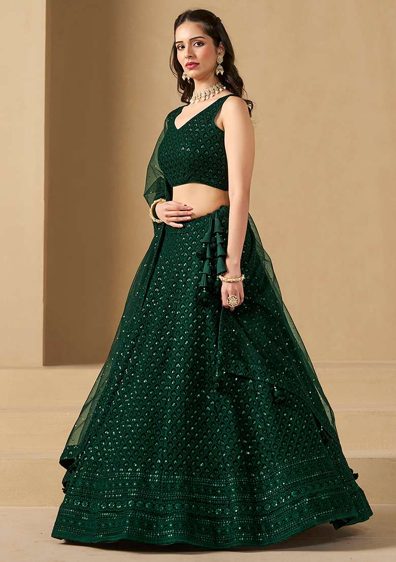 Green Embroidery Georgette Lehenga Set for Diwali and Festive Wear - Indya