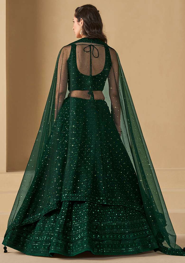 Green Embroidery Georgette Lehenga Set for Diwali and Festive Wear - Indya